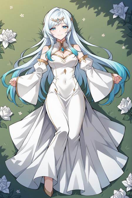 el harnier gradient hair, white hair, blue hair, long hair, long dress, white dress, circlet, detached sleeves, wide sleeves