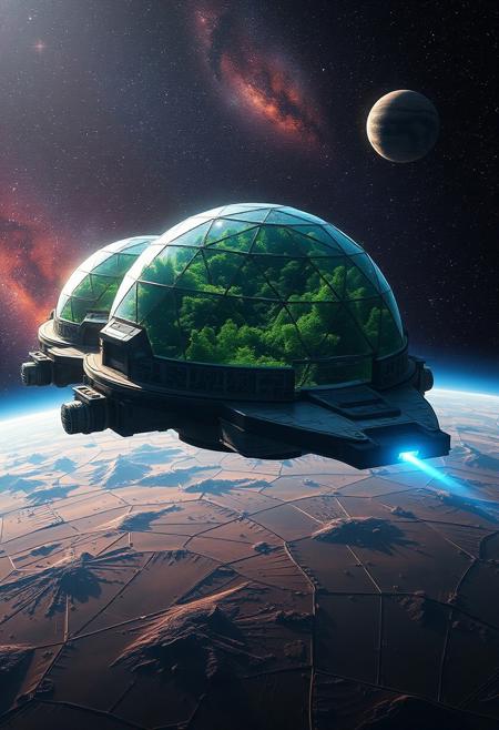 Digital artwork featuring a dynamic and futuristic scene. Several huge glass geodesic domes are mounted on top of a gigantic spaceship  as it orbits a barren planet, within the domes, huge, lush forests can be seen growing. Set against a spectacular backdrop of stars and galaxies
