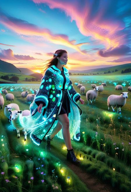 (woman walking glowing sheep across a digital meadow), colorful LED lights, bioluminescent wool, LED earrings and flowing cyber-rural cloak, dreamlike sunset, pastel sky meets electric glow, whimsical fantasy