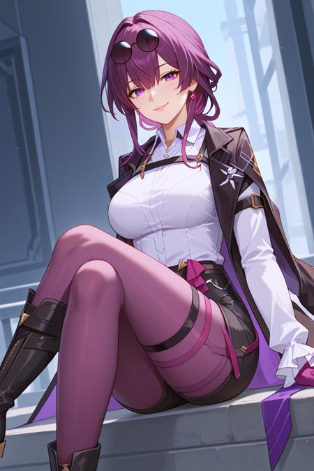 KafkaBren, 1girl, purple hair, purple eyes, eyewear on head, long hair, mature female, hair between eyes, ponytail, lips, seduce, smug, both_eyes_closed shirt, white shirt, gloves, purple eyes, long sleeves, jacket, sunglasses, pantyhose, shorts, purple gloves, boots, black jacket, thigh strap, collared shirt, black footwear, black shorts,  jewelry, coat, jacket on shoulders, earrings