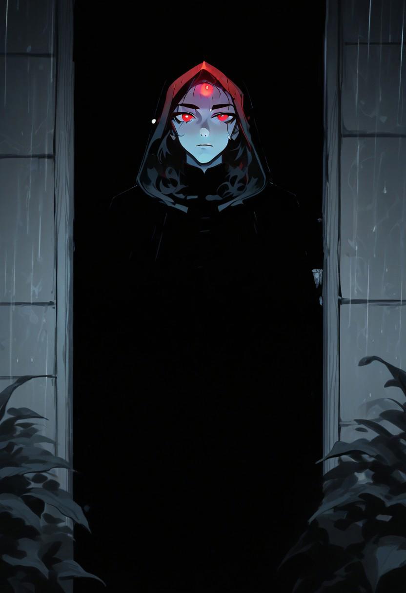 Blend_in, black background, a black clothed figure is standing under a porch in front of a manor in disarray, small glowing red eyes looking at the viewer, heavy rain, night, extremely dark