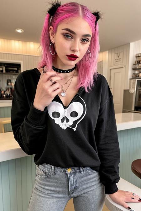 score_9, score_8, score_7_up, Daisy sits in a retro diner, sipping a milkshake. She’s wearing a striped black and white long-sleeved shirt under a loose-fitting black hoodie with a cute skull design on the front. Her pink hair is styled in two loose pigtails, with strands framing her face. Her makeup is softer than usual, but she still rocks dark eyeliner and a pop of pink lip gloss. She has small silver hoop earrings and wears a pair of skinny jeans with rips at the knees. Her Converse sneakers are decorated with hand-drawn doodles in black marker. Around her neck is a heart-shaped pendant, and she’s got black nail polish on her fingers. Her overall vibe is laid-back, with just a hint of her usual punk edge.