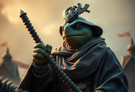 Create a highly detailed, cinematic close-up of an anthropomorphic turtle samurai on a Castle of Chaos 城 shiro, inspired by Steve Prescott's keylight and fashionable RPG clothing. The turtle samurai should be part of a gang of circus clowns, as envisioned by Jesper Myrfors, and wear a flowing cloak, reminiscent of Ayami Kojima's style. Incorporate muted colors, micro details, and lifelike details, with a focus on photorealistic quality, akin to art by artgerm and Greg Rutkowski. Utilize a gridless, necromancer suit design, with a sharp focus and no blur or depth of field, targeting an 8k resolution and HD quality.
