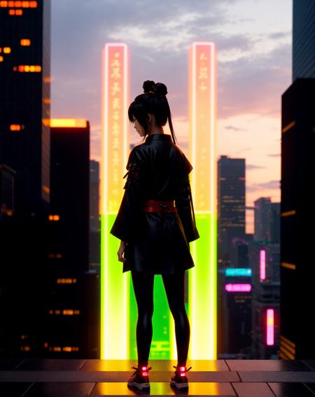 A lone female figure stands on a futuristic rooftop at dusk, gazing out at a sprawling cyberpunk city. She is dressed in dark, modern clothing with a red belt, and her dark hair is styled in two buns. The cityscape behind her features towering skyscrapers with glowing neon signs in yellow, green, and pink. The overall mood is contemplative and slightly melancholic, with a soft gradient sunset visible in the sky. The architectural style is sleek and advanced, suggesting a high-tech urban environment.