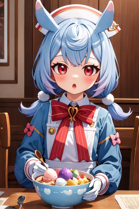 sigewinne, twintails, low twintails, tail sigewinne, twintails, low twintails, tail, green shirt, white collar, collared shirt, puffy sleeves, long sleeves, white gloves, nurse cap, white apron, red bowtie, winged waist bow, white waist bow, red bow on apron, blue bow on apron, black shorts, white thighhighs, shoes, black footwear, heart-shaped bag