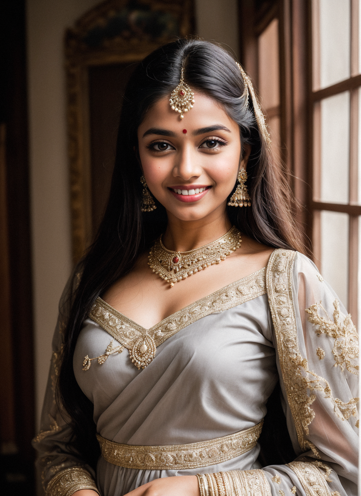 A woman wearing a gold and grey dress with a white pearl necklace.