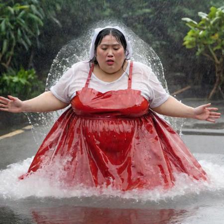 a 800 pound asian woman wearing a long shiny red and white dress lays beneath a large clear PVC apron covering her entire body dripping in water as rain pour from the sky
