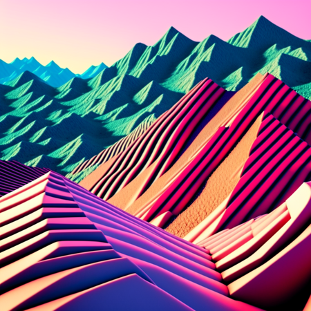 photo, a computer generated image of a mountain range in neon colors building, GlitchSamurai style