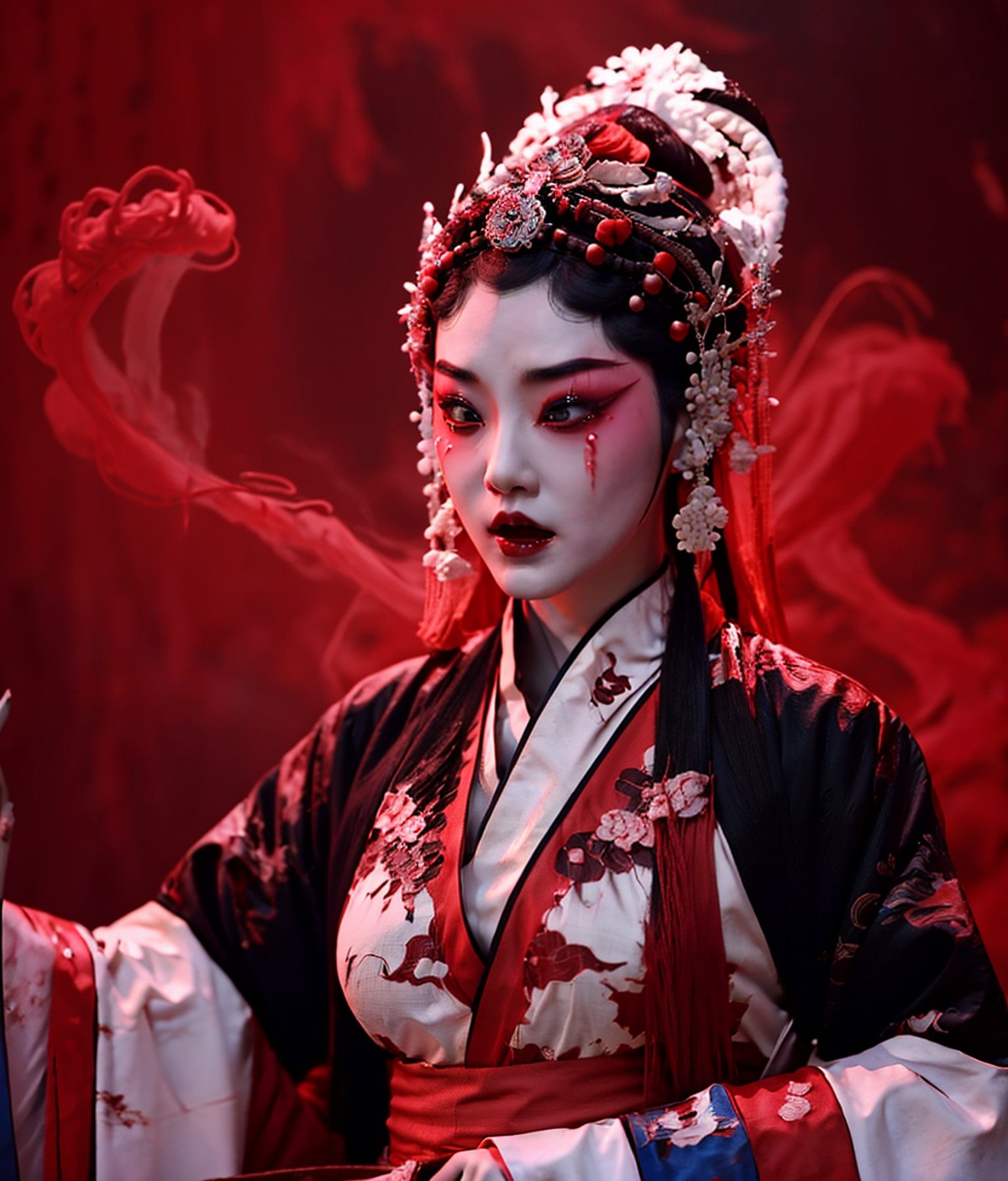 1girl,open mouth,big breasts,curvy,hanfu,white clothes,long_sleeves,solo,no humans,indoors,bloody tears,red smoke,red_back...