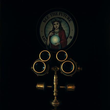 A coin operated brass binoculars in closed dark room with sign decorated with image of a female oracle holding crystal ball and text "SEE THE FUTURE" and "10 BUZZ PER VIEW". Vintage look, mysterious light
