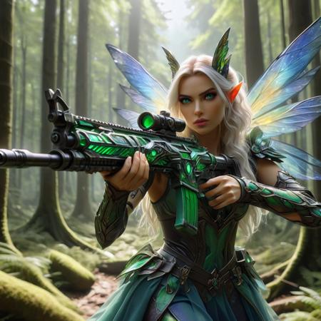 a realistic action shot  of a beautiful female fairy wielding a magical adn colorful assault rifle aiming at the camera, beautiful wings, 8K, HD, amazing quality, magical forest in background, HD, masterpiece, best quality, hyper detailed, ultra detailed,