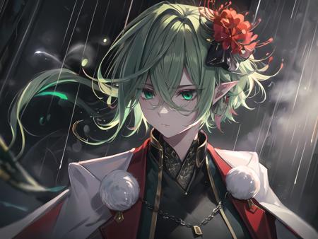 masterpiece,best quality,highres,cinematic lighting,dramatic angle,1girl,green hair,green eyes,hair flower,pointy ears,<lora:ShadowverseMagachiyoV3-000017:0.8:lbw=mgcy>,black suit,black pants,sash,capelet,holding umbrella,profile,depth of field,necklace,expressionless,blurry background,steam,fog,rainy,raindrops,heavy rain,gradient background,traffic lights,headlight,from side,<lora:add_detail:0.5>