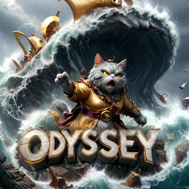 Angry Cat in Gold Helmet Sails on a Ship in the Ocean