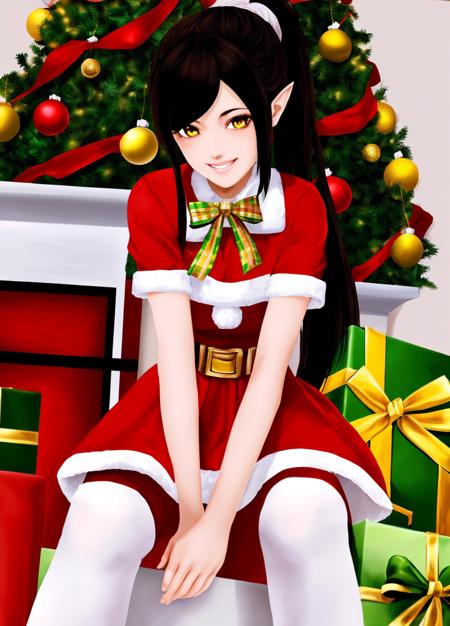 (( masterpiece, high quality, )) Harem_Hotel_Lin, 1girl, solo, long hair, black hair, medium breasts, yellow eyes, ponytail, pointy ears, sexy santa costume, living room, christmas tree, christmas ornaments, (smile,  happy, cheerful, detailed face) , <lora:Harem_Hotel_Lin-11:0.6>, (sitting, crossing legs)