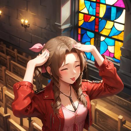 masterpiece, best quality, aerith gainsborough, cropped jacket, hair ribbon, pink dress, from above, ahetobleh, closed eyes, tongue, hands on own head, church, stained glass <lora:ahetobleh-nvwls-v2-000010:0.8>  <lora:aerith-nvwls-v1-final:0.8>