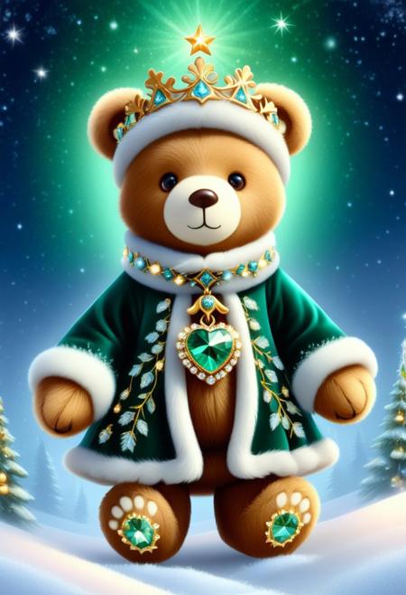 Create a bear that's a real showstopper by mixing holiday fashion with an unforgettable, whimsical twist. Imagine a bear that's as majestic as a king, standing proudly in the spotlight, covered in a coat of shimmering, iridescent fur that changes colour like the aurora borealis.Decorate its outfit with snowflake embroidery, holly leaves, and twinkling stars, each glowing softly with embedded LED lights.
 it's a masterpiece of storytelling. Picture a regal crown of frosted evergreen branches on its head, with golden ornaments and silk ribbons cascading down. And its paws? Fitted with sparkling crystal "mittens" that leave a glittering snow trail with every step. It's got a bold, velvet cape trimmed with faux fur that sweeps dramatically behind it, patterned with constellations to show that holiday magic reaches even the stars.Accessories are key: think a chic belt of golden bells that jingle softly as it moves or an avant-garde scarf made of flowing strands of silver tinsel. The look is finished off with a necklace of icicle-like gems that catch the light in prisms and maybe even a holiday cocktail ring shaped like a miniature gingerbread house.This isn't just a bear—it's a celebration. The image should convey warmth, joy and creativity, blending classic holiday charm with futuristic flair. This bear is set to redefine festive fashion, turning heads as a walking, roaring embodiment of holiday spirit, ready to dazzle in the most glamorous winter wonderland you can imagine.