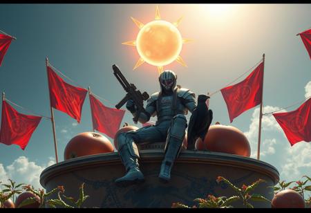 Create a hyperrealistic, highly detailed illustration of Optimus Sun Orientation, a merged character sitting on a Tomato Paradise, inspired by Avigdor Arikha and Greg Rutkowski. The character should wear a flight suit, hold a rocket launcher, and be accompanied by a standing bird. The scene should have red banners, be symmetrically composed, and feature a glow effect. The image should be rendered in Unreal Engine 5 with Octane Render and cinematic lighting.