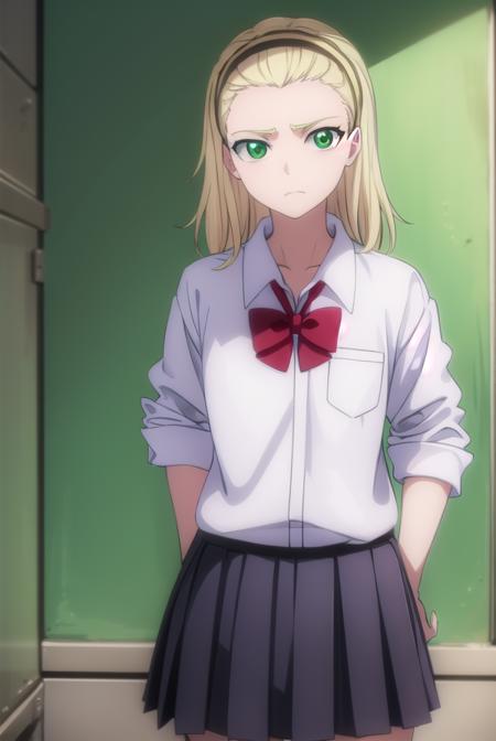 rurichiyokasumioji, <lora:rurichiyokasumioji-lora-nochekaiser:1>, 
rurichiyo kasumioji, long hair, blonde hair, (green eyes:1.5), hairband, hair pulled back, forehead,
BREAK skirt, shirt, bow, school uniform, white shirt, pleated skirt, socks, miniskirt, bowtie, red bow, kneehighs, brown footwear, black socks, loafers, red bowtie, grey skirt, sleeves rolled up,
BREAK indoors, classroom,
BREAK looking at viewer, (cowboy shot:1.5),
BREAK <lyco:GoodHands-beta2:1>, (masterpiece:1.2), best quality, high resolution, unity 8k wallpaper, (illustration:0.8), (beautiful detailed eyes:1.6), extremely detailed face, perfect lighting, extremely detailed CG, (perfect hands, perfect anatomy),