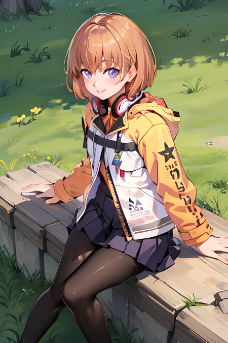 kururugi yuu, short hair, jacket, pleated skirt, headphones, pantyhose, meadow, grass, sitting, smile, from above, masterpiece, best quality, looking at viewer