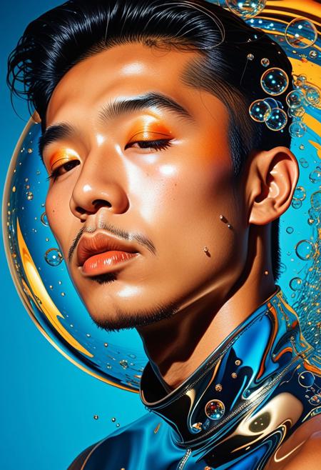 Smooth Quality, ArsMJStyle, Colored pencil hyperdetailed realism, close-up portrait of an asian man, medium complexion, with a serene, contemplative expression. His eyes are closed, and his, 
lips are slightly parted in a tranquil pose. The manas face and upper torso are depicted in a stylized, abstract manner, 
resembling a liquid metallic surface. Vibrant colors, including gold, orange, and various shades of blue, create a, 
dynamic interplay. Numerous reflective bubbles of various sizes and shapes encapsulate and adorn his features, reflecting, 
lights and colors that amplify the visual impact. The background is a deep teal blue, creating a stark contrast with, 
the vibrant colors of the subject. All textures focus on smooth, reflective surfaces and shimmering metallic effects., 
Camera angle is a close-up, focusing on the face with visible details. The style is modern, abstract, and ethereal, 
suggesting a liquid or metallic dreamlike quality. A sense of calm and tranquility permeates the image., 
Visual style references surrealism, abstract art, and liquid metal digital art, with a focus on a reflective and, 
polished aesthetic, <lora:clear:1>, <lora:FF.101.juggernautXL_version6Rundiffusion.LORA:1>, <lora:Hyperdetailed_Colored_Pencil:1>, <lora:SDXLDetailer:1>