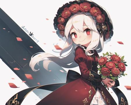 masterpiece,best quality,1girl,solo,long_hair,looking_at_viewer,white hair,red eyes,smile,bangs,skirt,shirt,long_sleeves,hat,dress,bow,holding,closed_mouth,flower,frills,hair_flower,petals,bouquet,holding_flower,center_frills,bonnet,holding_bouquet,tachi-e,full body,white background,<lora:tachi-e:1>,<lora:porforever_v1.0:1>,