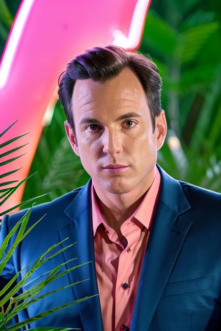 a man in a $3000 neon pink suit <lora:willArnett:1> in a jungle paradise, RAW, 8K, UHD, candid, amateur, close up, ((thinking he made a big mistake)), (funny face)