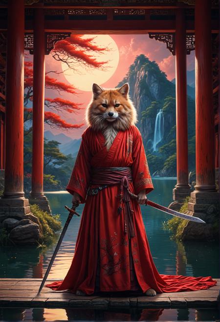 beautiful fluffy animal, t-shirt, holding sword, vibrant colors, full body in frame, dramatic lighting, ultra-detailed, space, pointy ears, east asian architecture, highly detailed CG illustration, horror, epiCPhoto, red dress, analog, beard, lake, perfect eyes, atmospheric, wallpaper, Dan Mumford