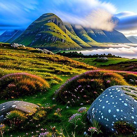 highland scotland landscape background, Clover, bunch grass, Crystals, rocks, crags, clouds and fog
