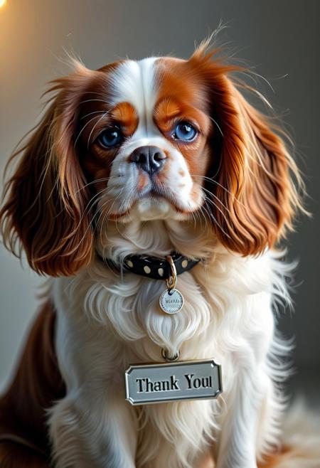 masterpiece, ultra-detailed, hyper-realistic, cinematic lighting, beautiful dog Cavalier King Spaniel dog, long fluffy fur, striking blue eyes, sitting directly facing the viewer, calm and elegant posture, wearing a small collar tag or ID plate that clearly reads "Thank You", highly detailed fur texture, soft lighting, shallow depth of field, realistic whiskers and fur strands, subtle warm backlighting, photo-realism, pet portrait perfection,