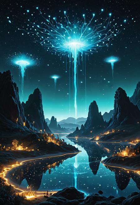 masterpiece, best quality, ultra-detail, extremely aesthetic, absurdres, high-quality, ethereal glow, mystical light, dreamlike atmosphere, otherworldly landscapes, subtle magic, translucent effects, shimmering particles, soft diffused lighting, cinematic composition, grand scale, expansive landscape, layered visuals, atmospheric depth, subtle atmospheric perspective in background, A majestic, fantasy landscape digital painting of bioluminescent floating islands.

Shimmering stardust, countless glowing particles, scattered light points, firefly-like glows.
