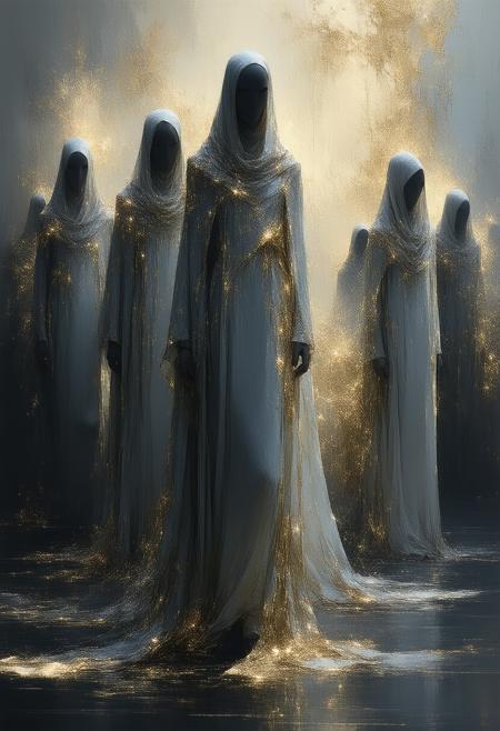 A surreal opera scene rendered in a minimalist style. Masked figures, draped in flowing gold-trimmed garments, stand as elegant silhouettes against a stark, flat background of midnight black. Shimmering white light subtly highlights the linear forms of their robes and masks, creating a delicate interplay of light and shadow. The composition emphasizes clean lines and gentle curves, achieving a sense of balance and uniformity. Imagine Monet's brushstrokes distilled into geometric purity, a silent, ethereal performance where form and light define emotion. Focus on the essence of the figures, reducing them to their most impactful shapes. The overall mood is one of quiet mystery and profound elegance. Cinematic, high resolution, octane render, 8k.