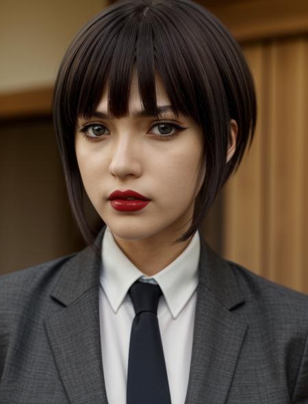 best quality, masterpiece, highres, detailed, realistic, cosplay, <lora:Detail - add_detail:0.2>, AmamiyaRON, grey eyes, lipstick, short hair, black jacket, tie, white shirt, <lora:Character - AmamiyaRON:0.6>, upper body, crime scene, serious