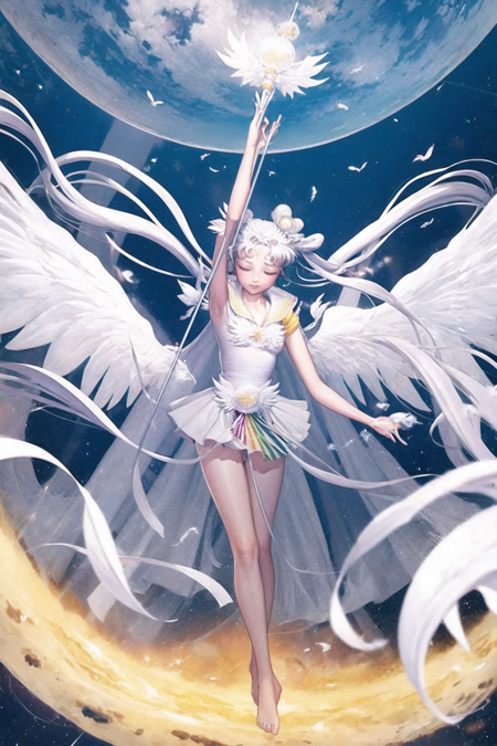 <lora:Sailor_Cosmos-10:1> masterpiece, best illustration, tarot card style, Sailor Cosmos, 1girl, solo, wings, long hair, white hair, hair bun, twintails, double bun, white wings, magical girl, bare legs, facial mark, closed eyes, skirt, jewelry, very long hair, sailor collar, barefoot, hair ornament, crescent