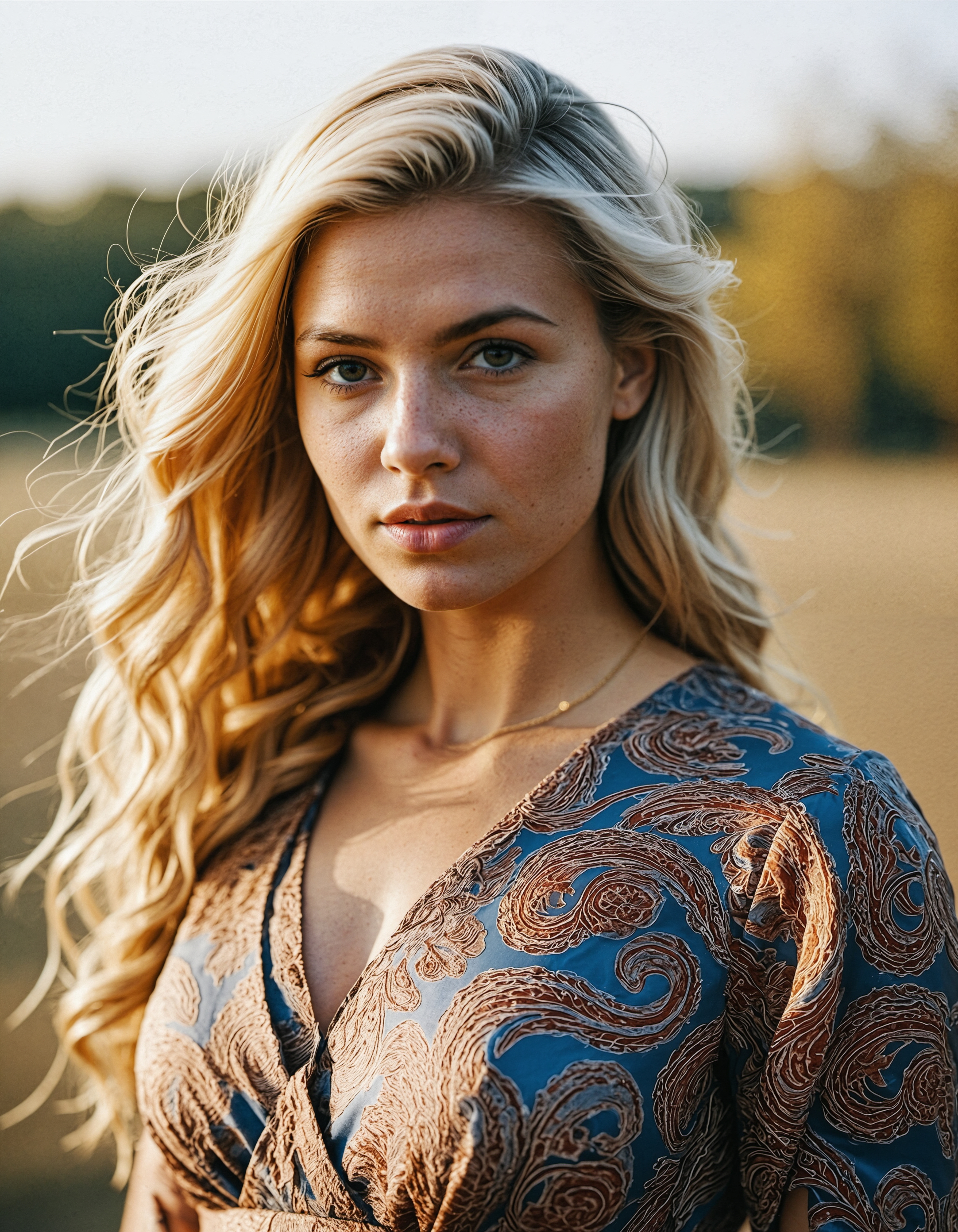 RAW analogue photo of a beautiful 25 years old woman, clear focus, high resolution image, (Platinum-blonde Viking woman), ,wearing 1960's Paisley Print Dress, (coiled hair:1.3),,high quality, film grain, Fujifilm XT3, 8k uhd, dslr, film grain, kodak tri-x 400 film, grain photo DOF, faint lighting, dynamic angle, cinematic, Depth of field, bokeh, best quality, cinematic, light particles, highly_detailed, very_aesthetic, golden hour, beautiful_and_aesthetic ,Sexy pose, erotic pose, exhibitionism, ,Palm grove