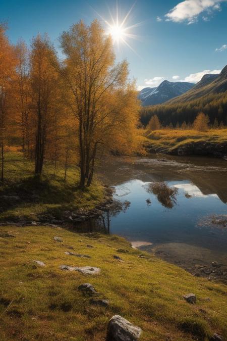 RAW photo, Norway, dream nature, primeval wild, picturesque forest, bright clouds, beautiful sky, sun, epic landscape, spring lake, colorful scenery, desolate atmosphere, realistic, masterpiece, 8k resolution, ultra detailed, vivid colors, high quality,
