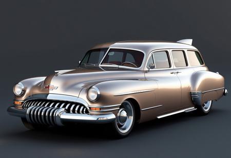 retro-futuristic concept car, inspired by late 1940s Chevy design, bold streamlined body, chrome accents, distinctive Chevy grille with angular vertical slats, large rounded headlights with integrated LED rings, classic yet modern fender lines, jet-age-inspired curves, futuristic yet practical station wagon design, large windows with chrome trim, sculpted rear, unique rounded taillights, subtle aerodynamic fins, elegant yet bold stance, metallic paint, smooth aerodynamic roofline, high-resolution, ultra-realistic textures, timeless beauty with futuristic flair, no chains to the past, bold yet refined American design, (Mercedes elements:-1.8), (bland shapes:-1.6), (unrefined details:-1.5), (sharp angles:-1.6), (overdone luxury cues:-1.4)
