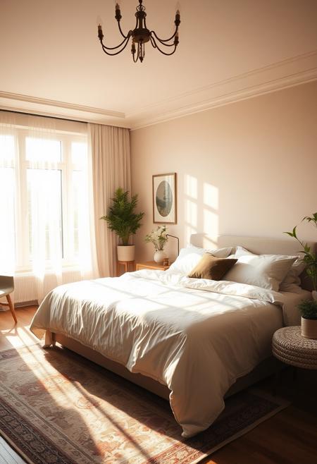 A cozy bedroom featuring a large bed as the focal point, with soft, inviting bedding and plush pillows. The room is bathed in gentle, warm morning light streaming through a large window, casting a soft glow over the entire space. The light creates delicate shadows on the floor and highlights the textures of the fabrics and furniture. The interior is tastefully decorated with subtle, elegant details such as a bedside table with a lamp, a rug with intricate patterns, and a few potted plants adding a touch of greenery. The overall atmosphere is serene and welcoming, with the morning light enhancing the room's peaceful ambiance.