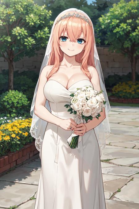 masterpiece,best quality,highres,ultra-detailed,aakomaro,long hair,hair between eyes,large breasts,<lora:michinoku_komaro:0.7>,(wedding dress:1.2),white dress,(veil:1.2),garden,smile,outdoors,standing,cowboy shot,holding bouquet,