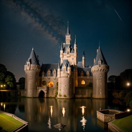 RAW photo, absurdres, high quality, photorealistic, a castle with a moat, starry sky, night, brick, stone, 8k uhd, dslr, film grain, Fujifilm XT3, 20 megapixel, detailed, sharp focus,