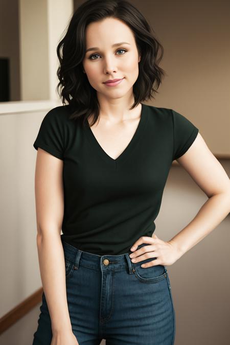 portrait photo of kbell1, (short black hair),(green t shirt), (blue jeans), (smiling), Photorealistic, Hyperrealistic, Hyperdetailed, analog style, detailed skin, soft lighting, realistic, heavy shadow, masterpiece, best quality, ultra realistic, 8k, golden ratio, Intricate, High Detail, film photography,