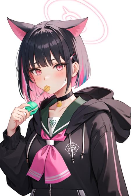 kazusa_bluearchive animal_ears, black_hair, multicolored_hair, short_hair, bangs, colored_inner_hair, pink_hair, halo, cat_ears, two-tone_hair, hair_ornament, blush, hairclip, red_eyes, pink_eyes