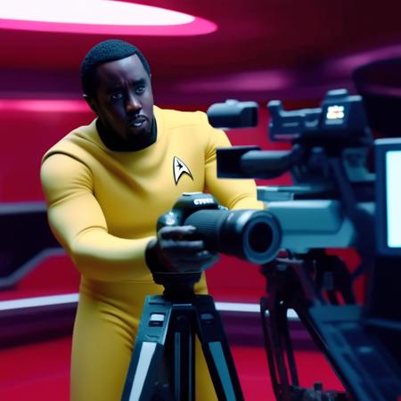 <lora:puffdiddyxl:1.2>  puffdiddy man, beard,, very dark skin  black hair,, pn a space ship deck wearing star trek outfit, holding a camera fiming <lora:Clay Animation:1> clay, animation, claymation