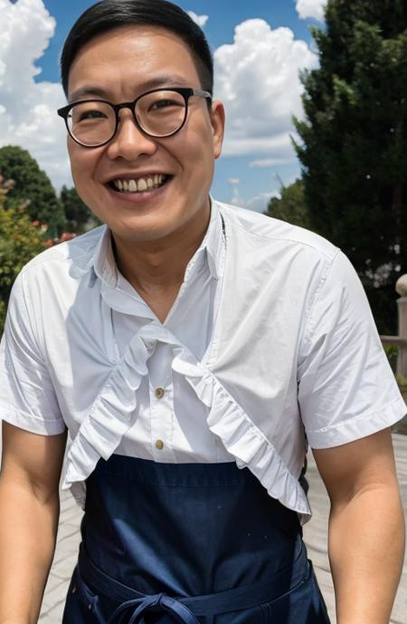 (8K, RAW photo, best quality, masterpiece:1.2), Fujifilm XT3, ultra high res, 8K UHD, HDR, dslr, professional photograph, (realistic, photorealistic:1.4), outdoor, 1boy, (wongkarwai boy), solo, male focus, glasses, realistic, smile, grin, apron, black hair, looking at viewer, naked apron, teeth, nipples, <lora:wongkarwai:.75>