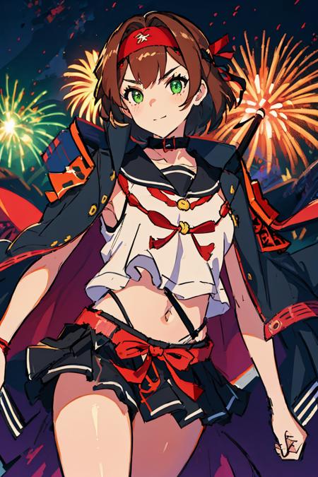 (masterpiece, top quality, best quality, beautiful, and aesthetic:1.2) yukimur4, 1girl, portrait shot, posing, slight smile, looking at viewer, red headband, short hair, brown hair, black skirt, green eyes, purple collar, serafuku, shoulder armor, sode, red pauldrons, sukeban, bancho, delinquent, jacket on shoulders, high contrast, vibrant background, japanese shrine, new years fireworks, fireworks in the sky, night sky, <lora:yukimur4-000019:.8>