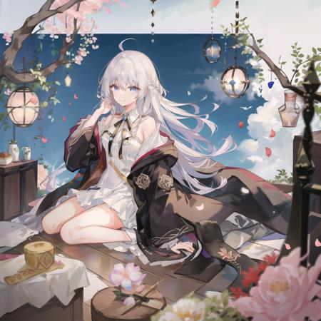 1girl, solo, long hair, looking at viewer, blush, smile, bangs, blue eyes, shirt, long sleeves, dress, ribbon, hair between eyes, sitting, very long hair, closed mouth, flower, ahoge, white hair, open clothes, sleeveless, striped, shiny, collared shirt, off shoulder, blurry, shiny hair, coat, neck ribbon, looking afar, floating hair, sleeveless dress, blue dress, wariza, wing collar, vertical stripes, between legs, fish, blue flower, open coat, black coat, hand between legs, blurry foreground, striped dress, vertical-striped dress, cover image, elaina \(majo no tabitabi\), <lora:Elaina_v5_e10_768:1>