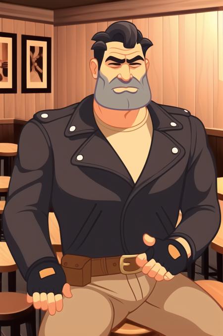 General Prompt: <lora:BenThrottle-v1-08:0.7>, ChopioBenThrottle, black hair, short hair, beard, facial hair, thick eyebrows, closed eyes, (looking at viewer:1.3), mature male, mature male, male focus, cartoon, Outfit_1: outfit_1, black jacket, leather jacket, long sleeves, green shirt, fingerless gloves, brown belt, leather belt, pouch, brown pants, knee pads, black boots, clothes writing, goggles,  motor vehicle, motorcycle, riding, 