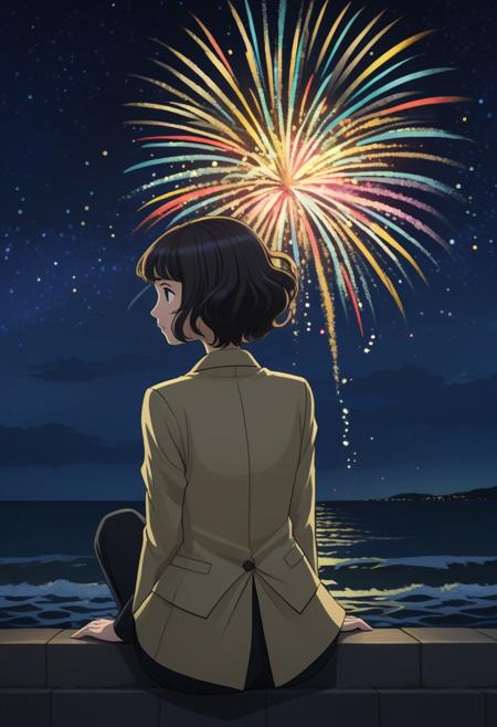 Thinking,abstract art, Tomie Kawakami, (style of Yuko Shimizu:1.3),black and pale gold, gray suit, night theme, dark sky, Full body, side view, look at the sea in the background, sitting on the cladding, many colorful fireworks in dark sky,