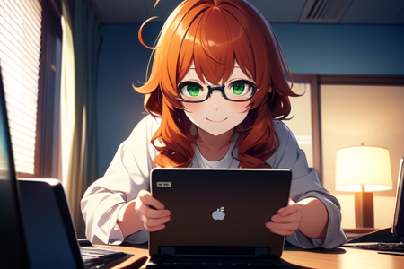 futabatoshiaki,1girl,glasses,middle hair,kinky_hair,orange red hair,green eyes,ahoge,