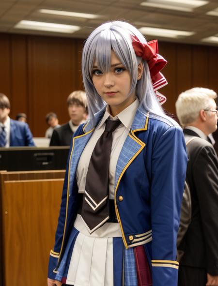 best quality, masterpiece, highres, detailed, realistic, cosplay, <lora:Detail - add_detail:0.2>, RiseliaRC, white hair, wig, red hair ribbon, blunt bangs, blue eyes, student uniform, open jacket, blue skirt, upper body, necktie, <lora:Character - RiseliaRC:0.8>,relieved, cosplay convention,