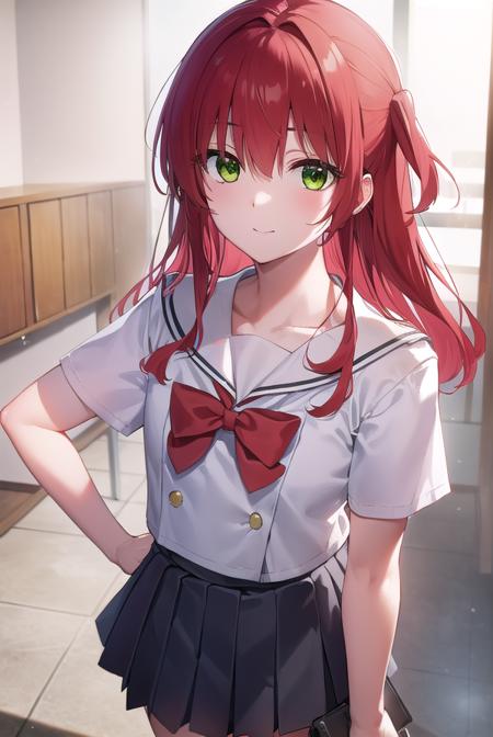 kitaikuyo, <lyco:ikuyokita-lyco-nochekaiser:1>, 
ikuyo kita, (green eyes:1.5), hair between eyes, long hair, one side up, red hair, (flat chest:1.2), smile,
BREAK black footwear, black skirt, grey sailor collar, pleated skirt, sailor collar, school uniform, shoes, short sleeves, shuka high school uniform, skirt,
BREAK indoors, classroom,
BREAK looking at viewer, (cowboy shot:1.5),
BREAK <lyco:GoodHands-beta2:1>, (masterpiece:1.2), best quality, high resolution, unity 8k wallpaper, (illustration:0.8), (beautiful detailed eyes:1.6), extremely detailed face, perfect lighting, extremely detailed CG, (perfect hands, perfect anatomy),